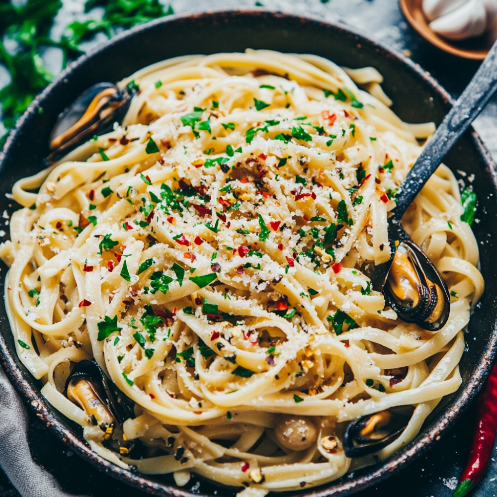 Linguine aux moules à l'ail et au persil