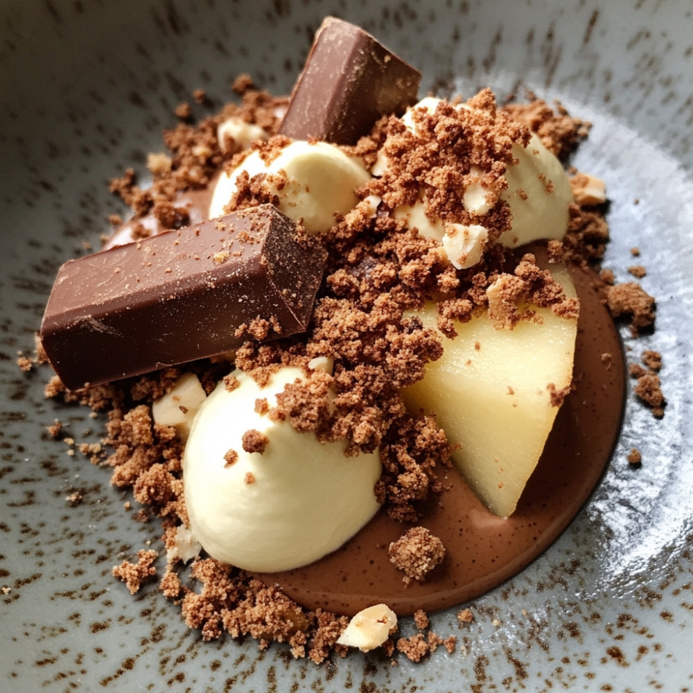 Mousse de panais au chocolat, poire et crumble au cacao