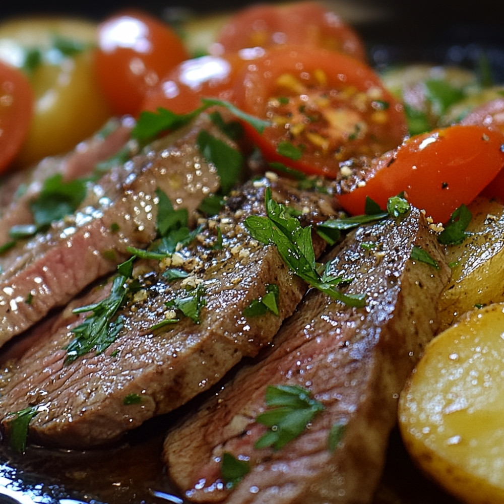 Onglet de boeuf poêlé au beurre, salade de pommes de terre et condiment de tomates