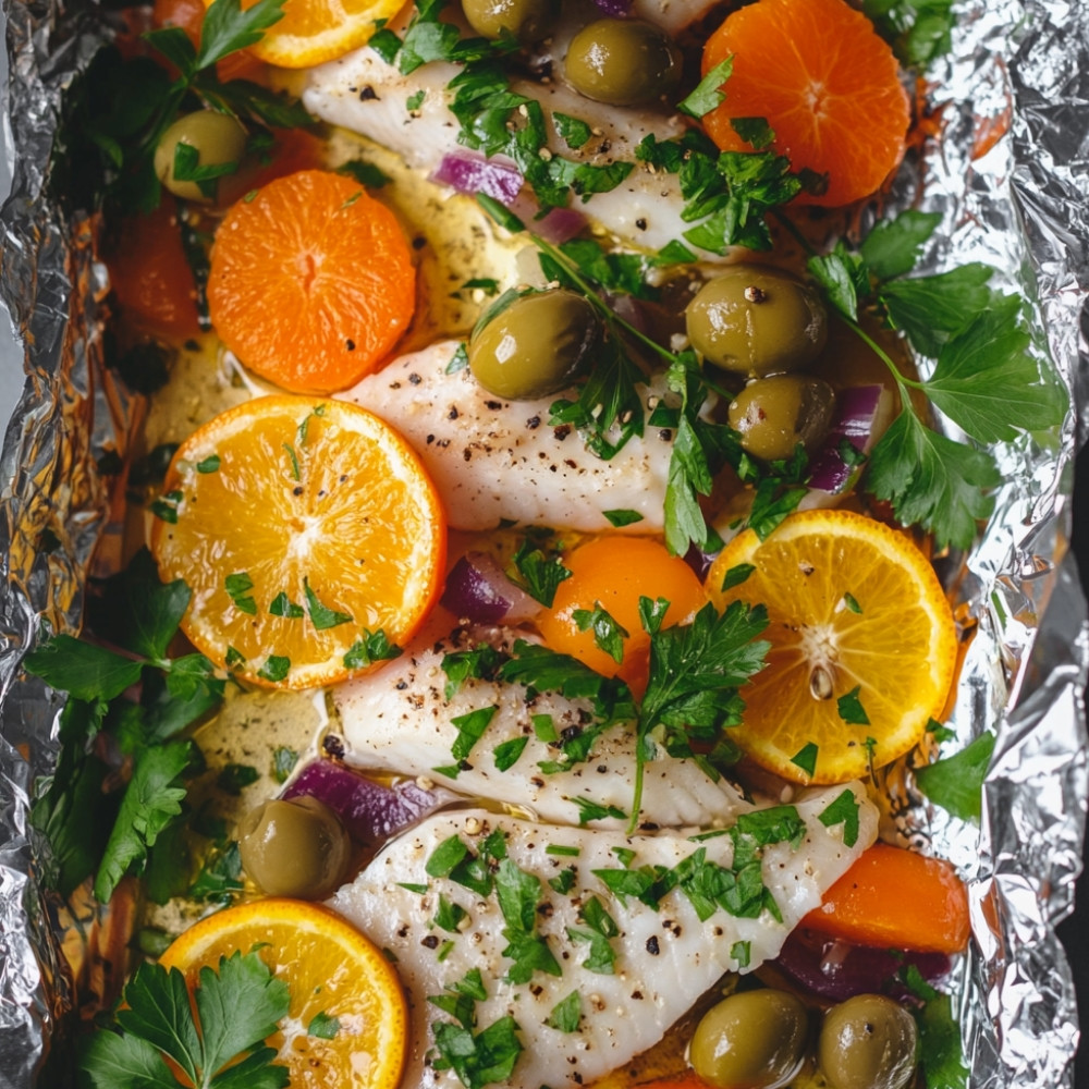 Papillote de poisson, petits légumes, oranges et olives