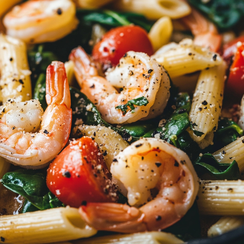 Pennes aux crevettes, tomates et épinards