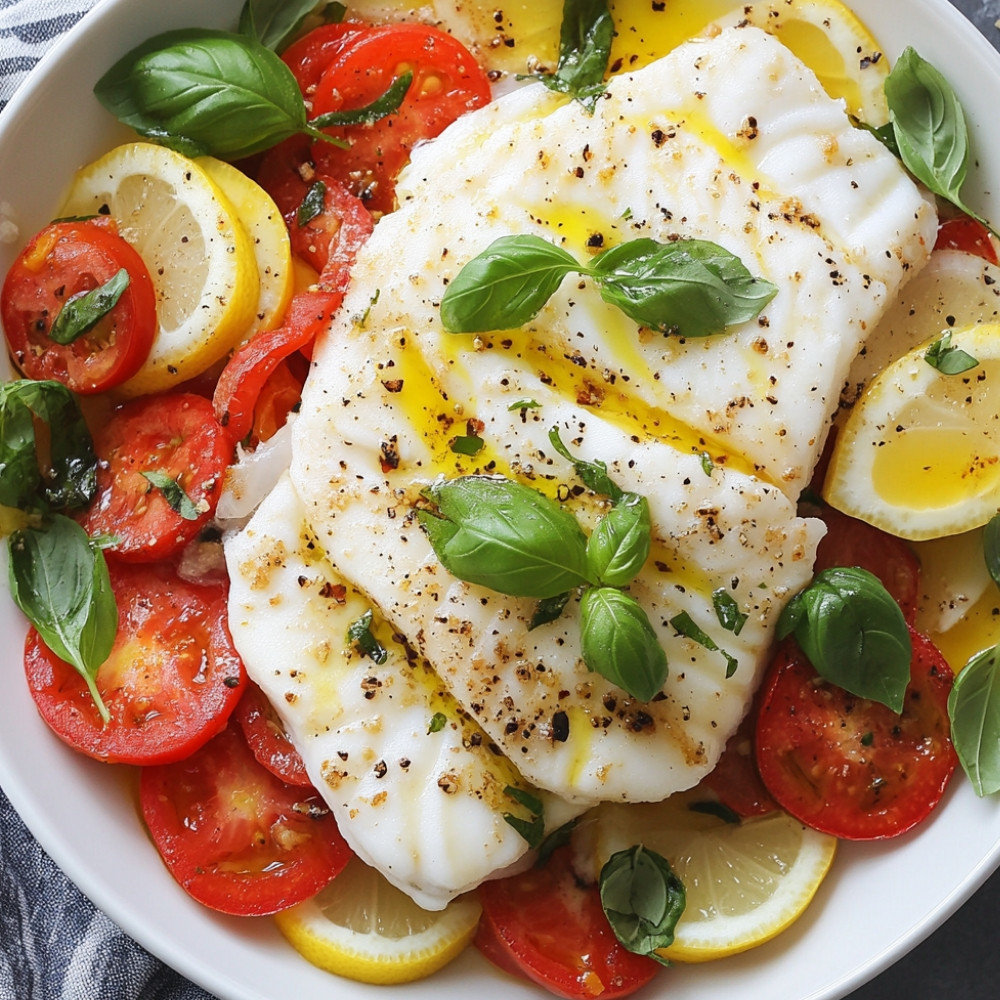 Petit montage de cabillaud, légumes et mozzarella