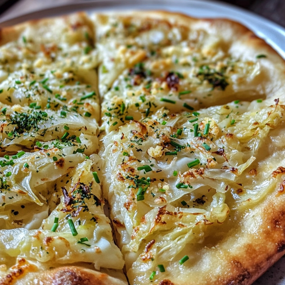 Pizza croustillante aux feuilles de chou, fromage frais et ail