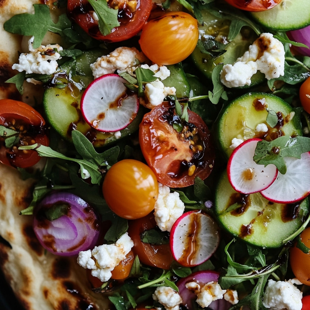 Pizza naan et sa salade printanière