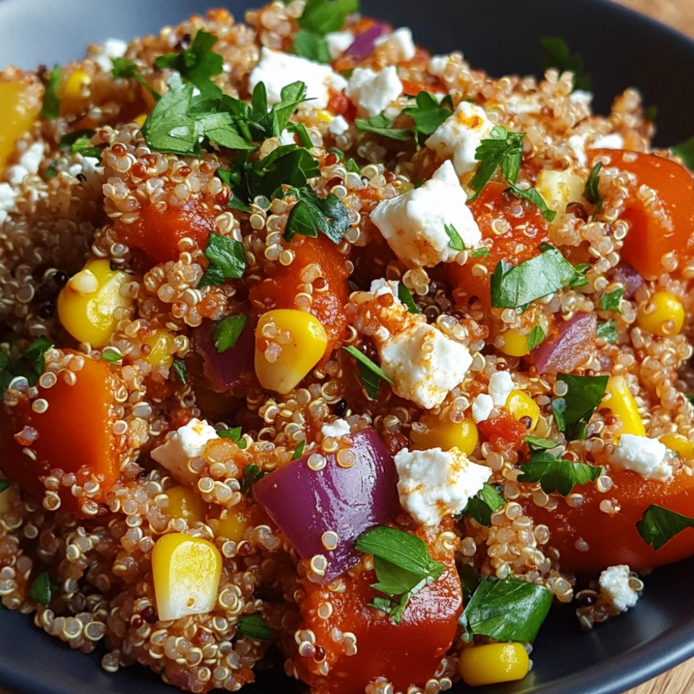 Poivrons farcis au quinoa, tomates, maïs et feta