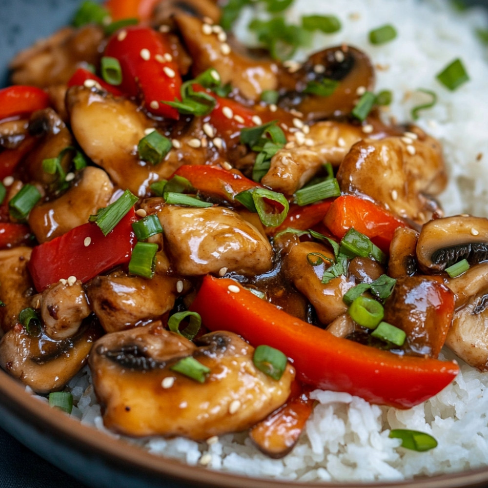 Poulet aux poivrons et champignons à l'asiatique