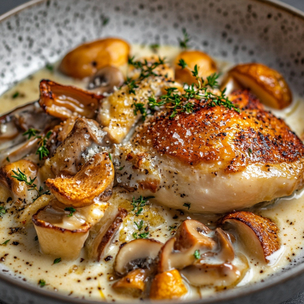 Poulet, girolles et chanterelles