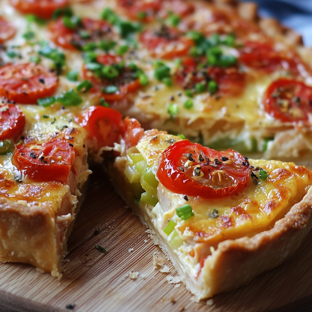 Quiche au thon, tomates et poireaux