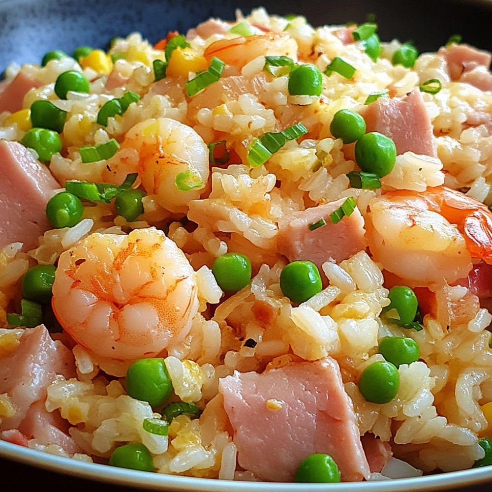 Riz sauté au jambon et crevettes