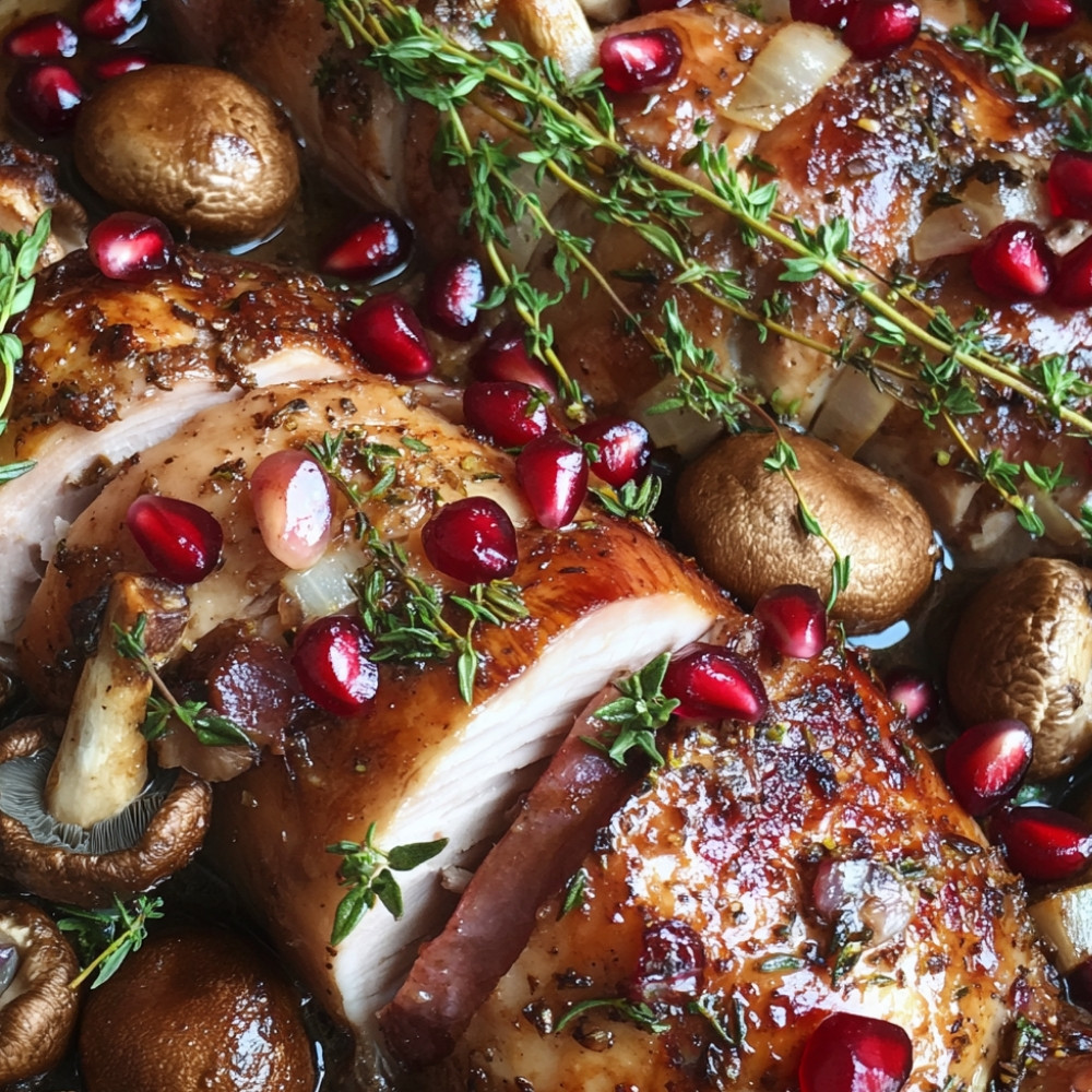 Rôti de dinde aux champignons, jambon cru et grenades