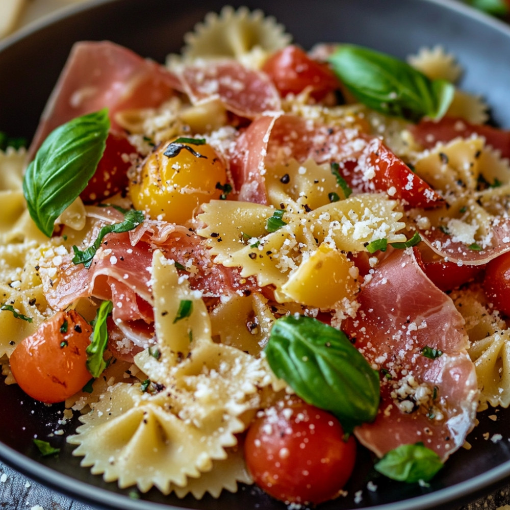 Salade de farfalles au prosciutto, tomates, basilic et légumes grillés