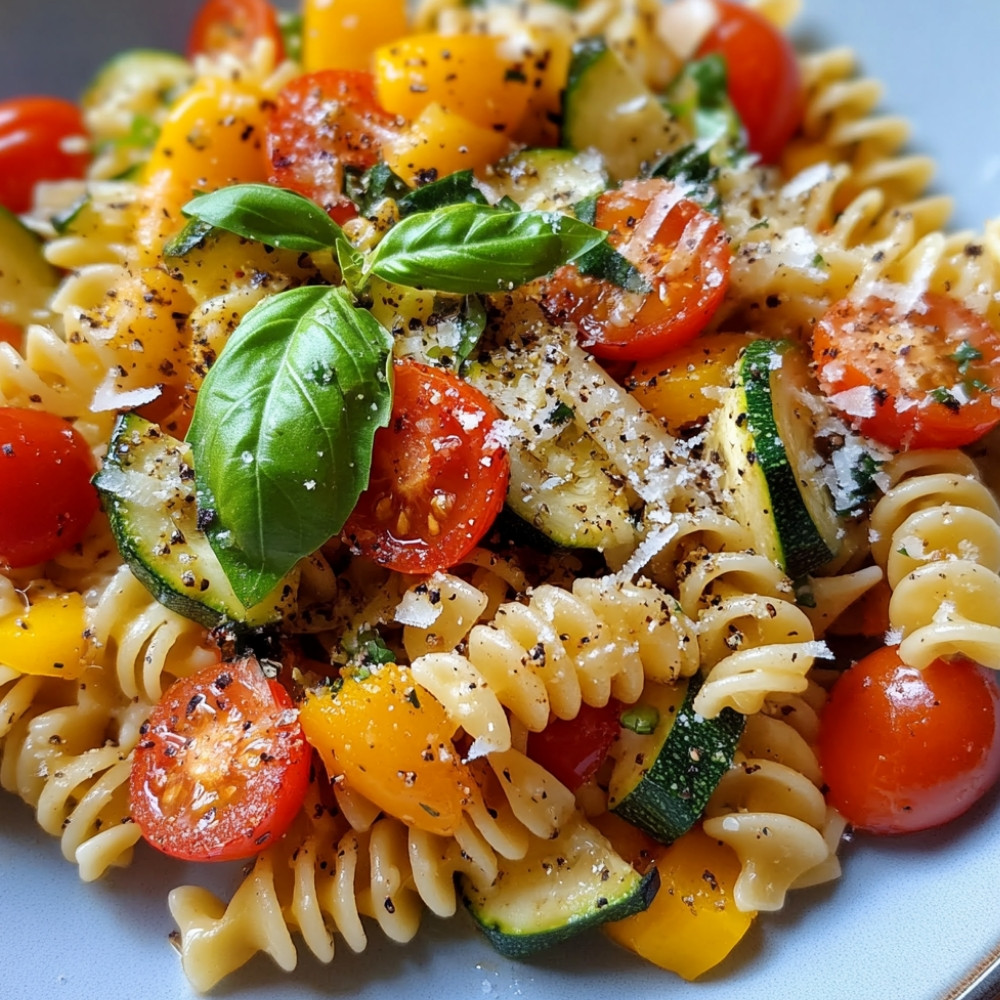 Salade de pâtes estivale aux tomates, courgettes et poivrons grillés