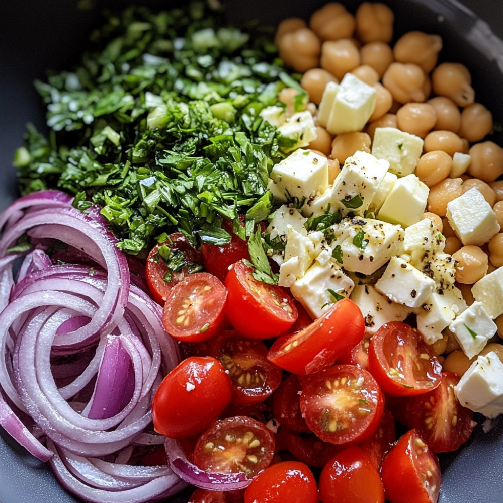 Salade de pois chiches, tomates, concombre et feta