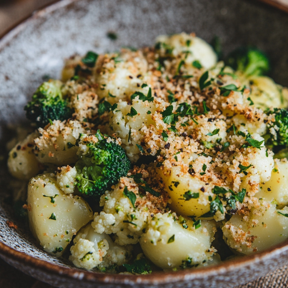 Salade de pommes de terre d'hiver avec burger de chou-fleur et de brocoli