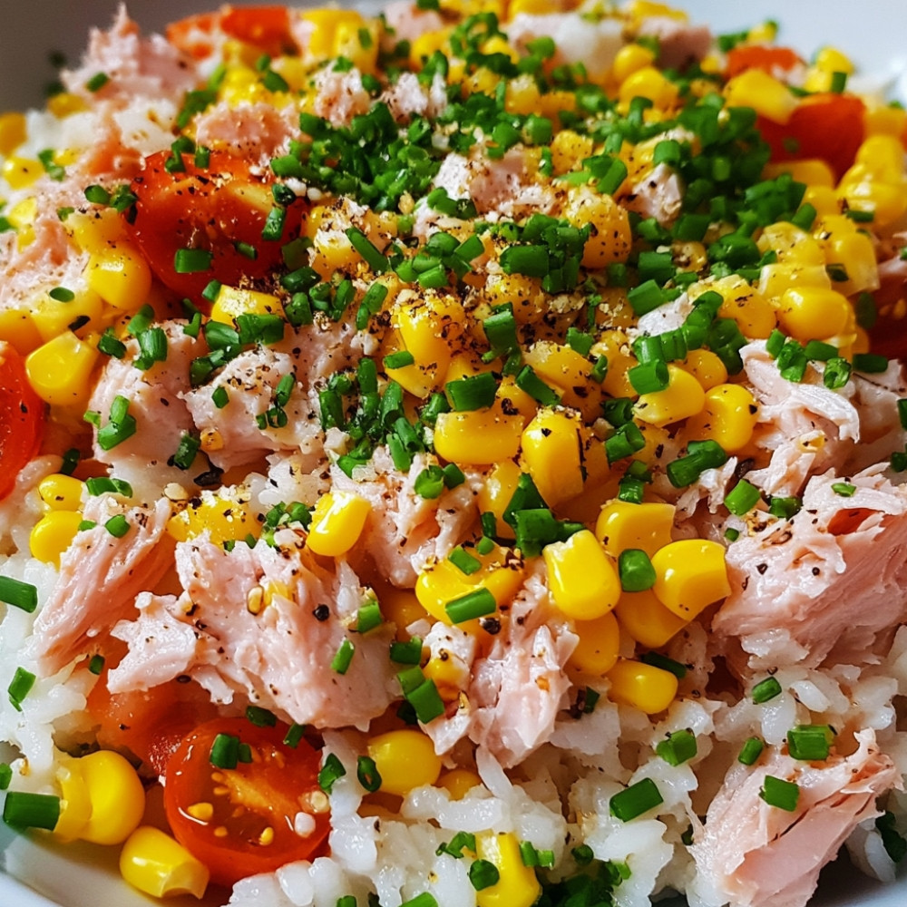 Salade de riz au maïs, tomates, œufs et thon