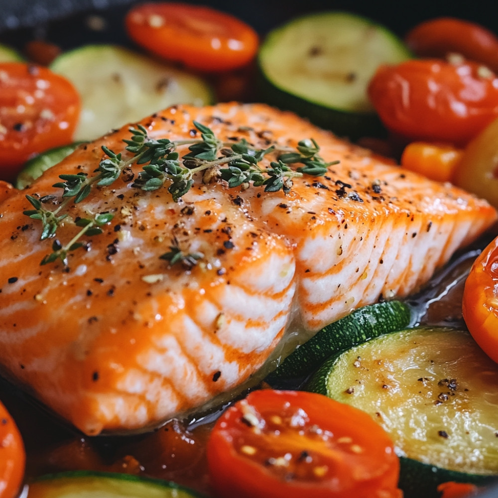 Saumon aux courgettes, carottes et tomates cerises au four