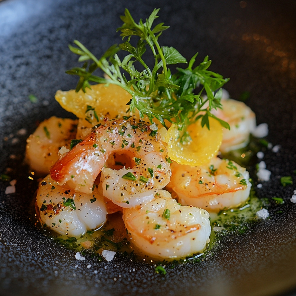 Scampis marinés au citron, à l'ail et piment d'Espelette