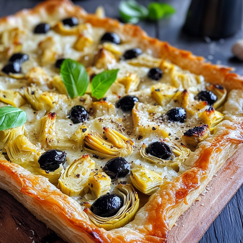 Tarte feuilletée aux artichauts, olives et parmesan