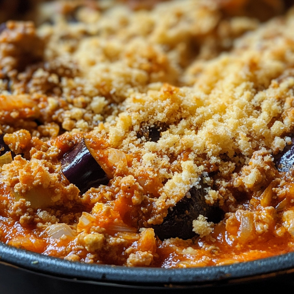 Timbale d'aubergines à la viande hachée et sauce tomate