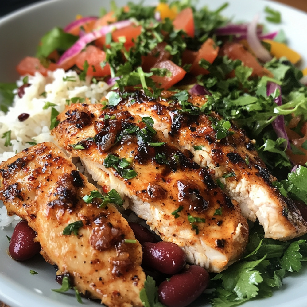 Aiguillettes de poulet marinées et salade de riz aux haricots rouges