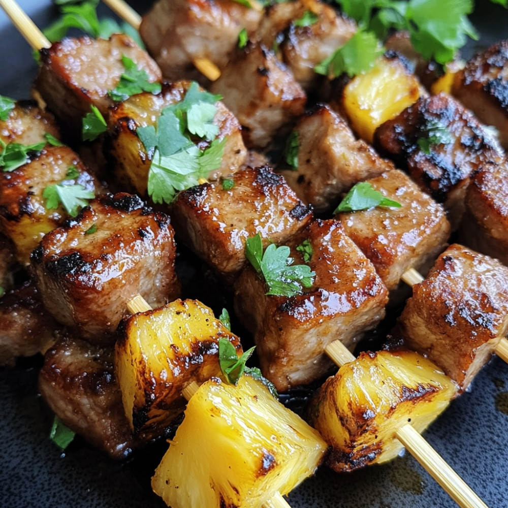 Brochettes de porc et ananas marinées et grillées au barbecue