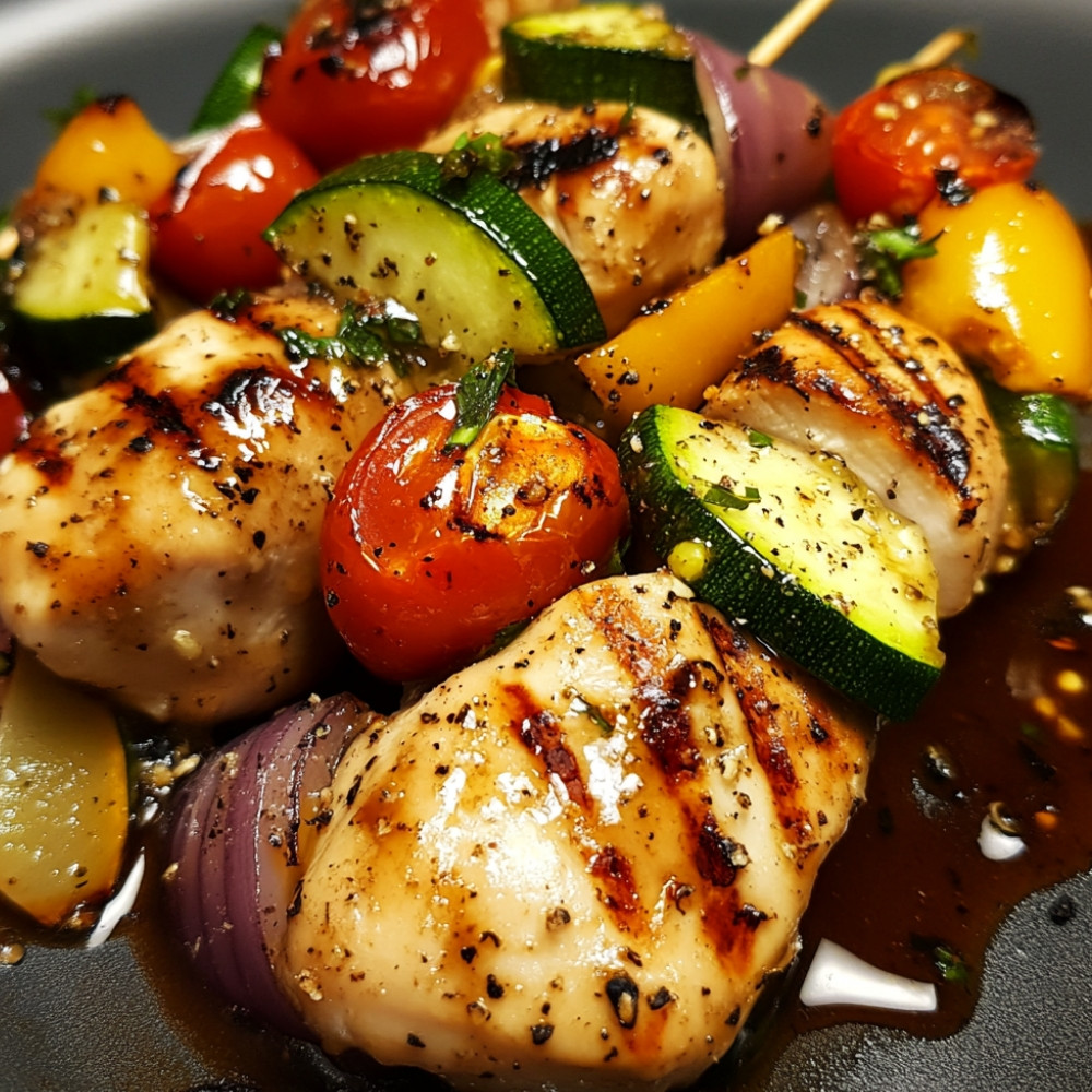 Brochettes de poulet mariné et légumes grillés