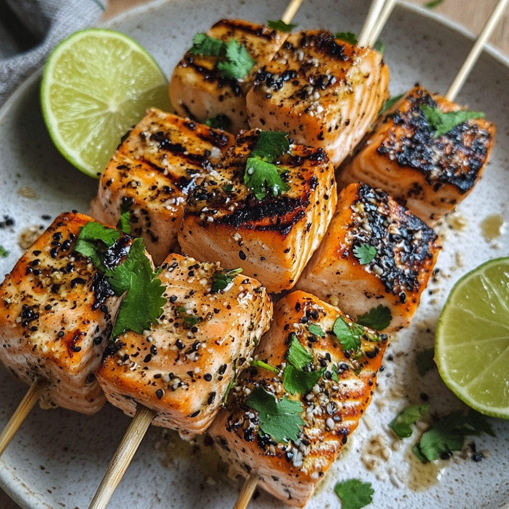 Brochettes de saumon grillé et mariné à la coriandre, citron vert, lait de coco