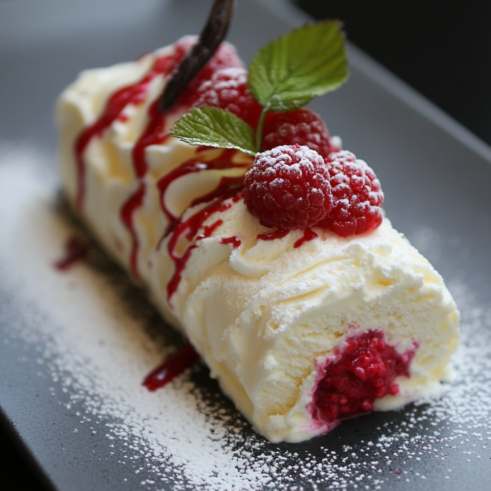 Bûche glacée vanille, meringues et cœur de framboise