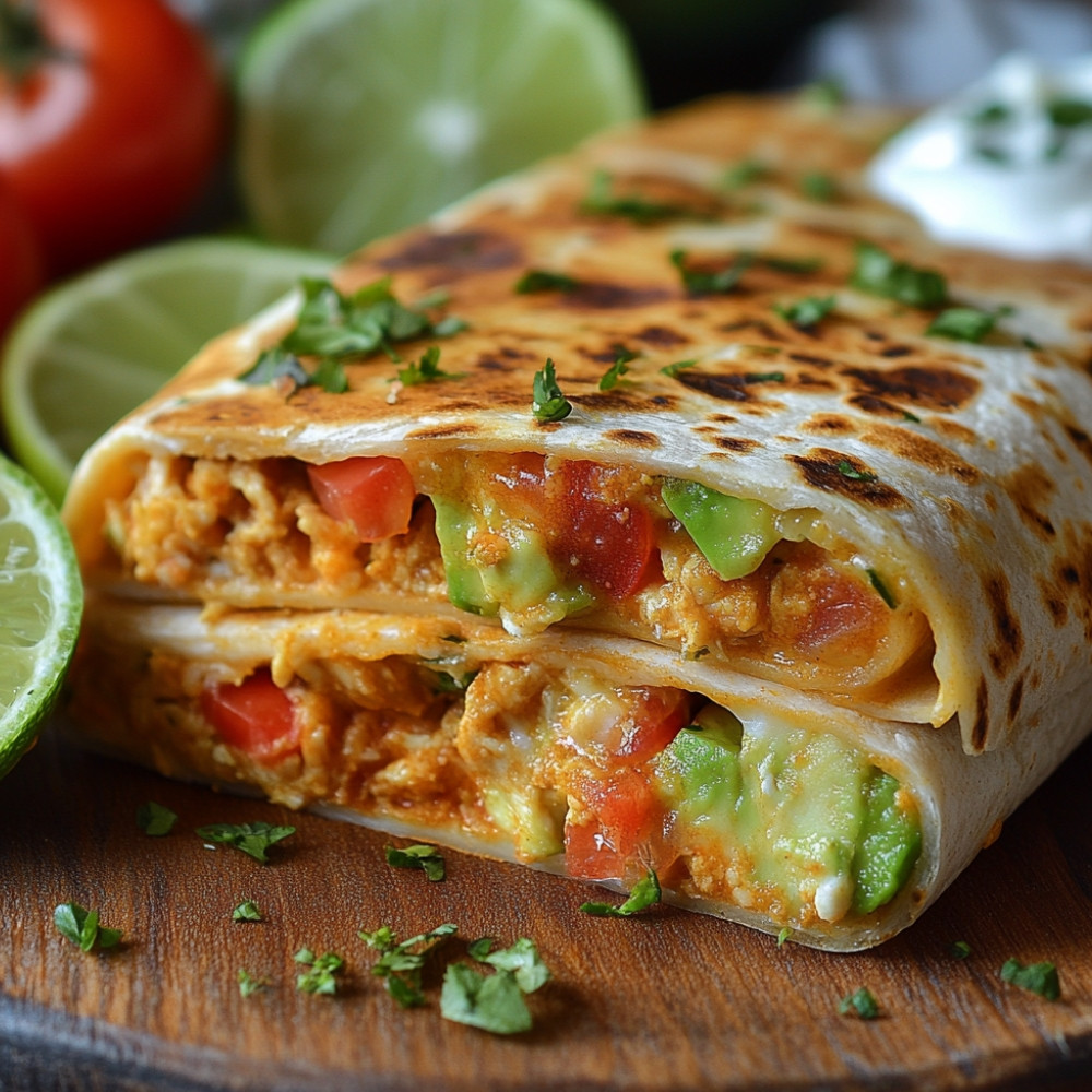 Burrito au poulet, avocat et cheddar