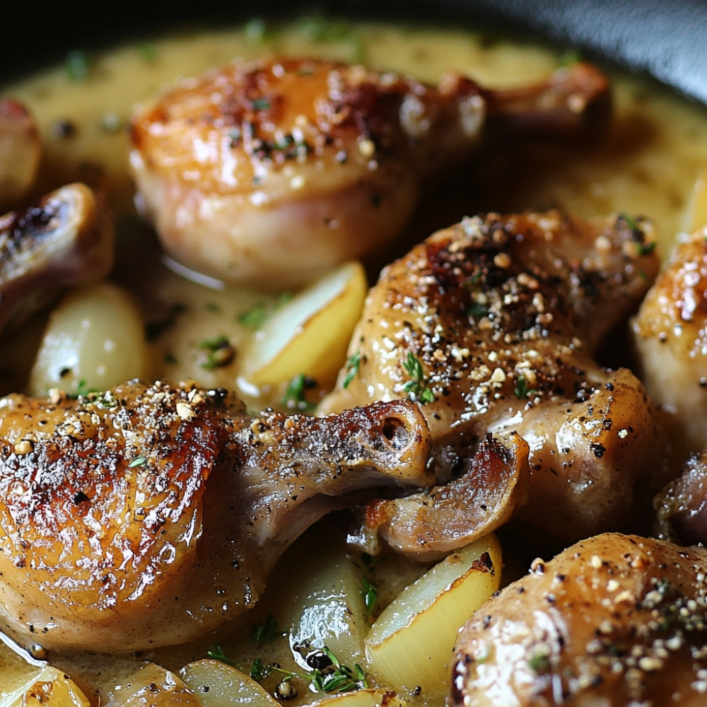 Cailles cuites au four, purée d'oignons et sauce au champagne