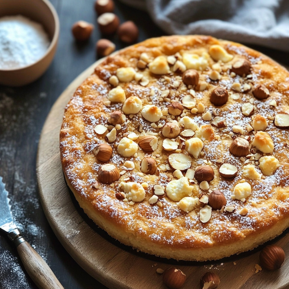 Cake à la ricotta, œufs en sucre et noisettes