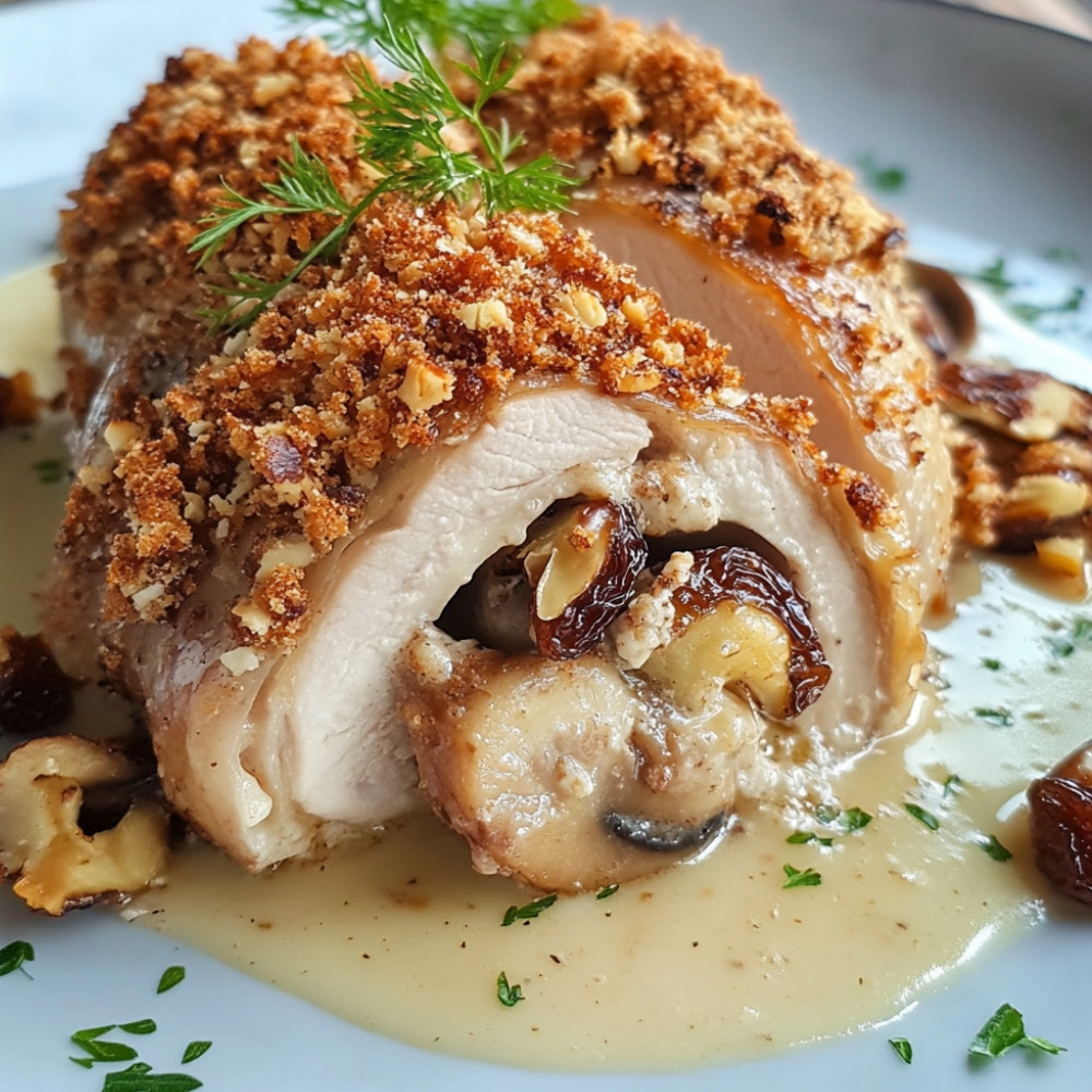 Cordon bleu et chicons farcis aux champignons et raisins, crumble aux noix et jus de viande