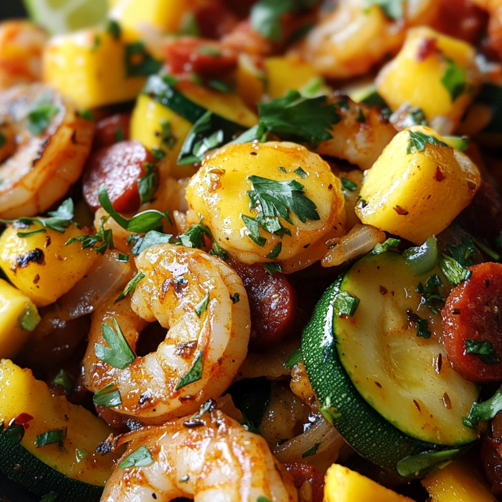 Crevettes chorizo mangue courgettes