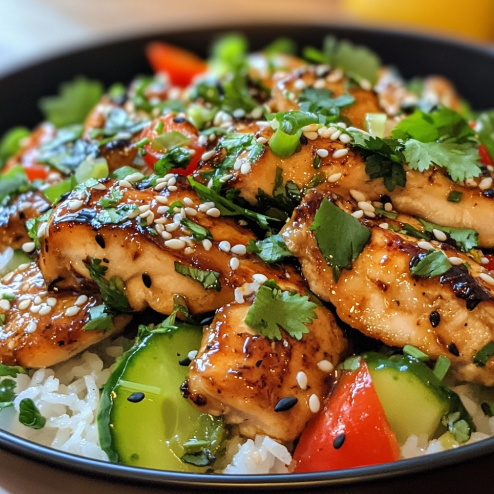 Cuisses de poulet sucrées-salées et salade de riz fraîche