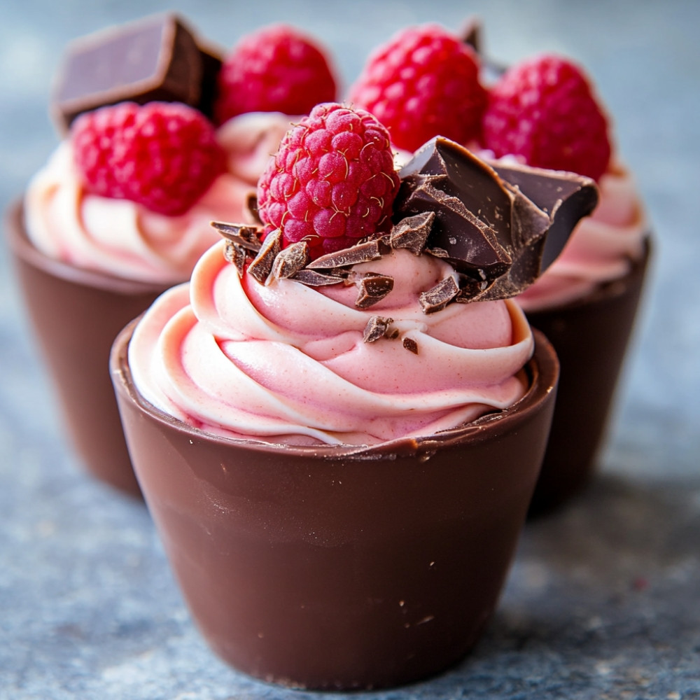 Cups en chocolat et mousse de framboises