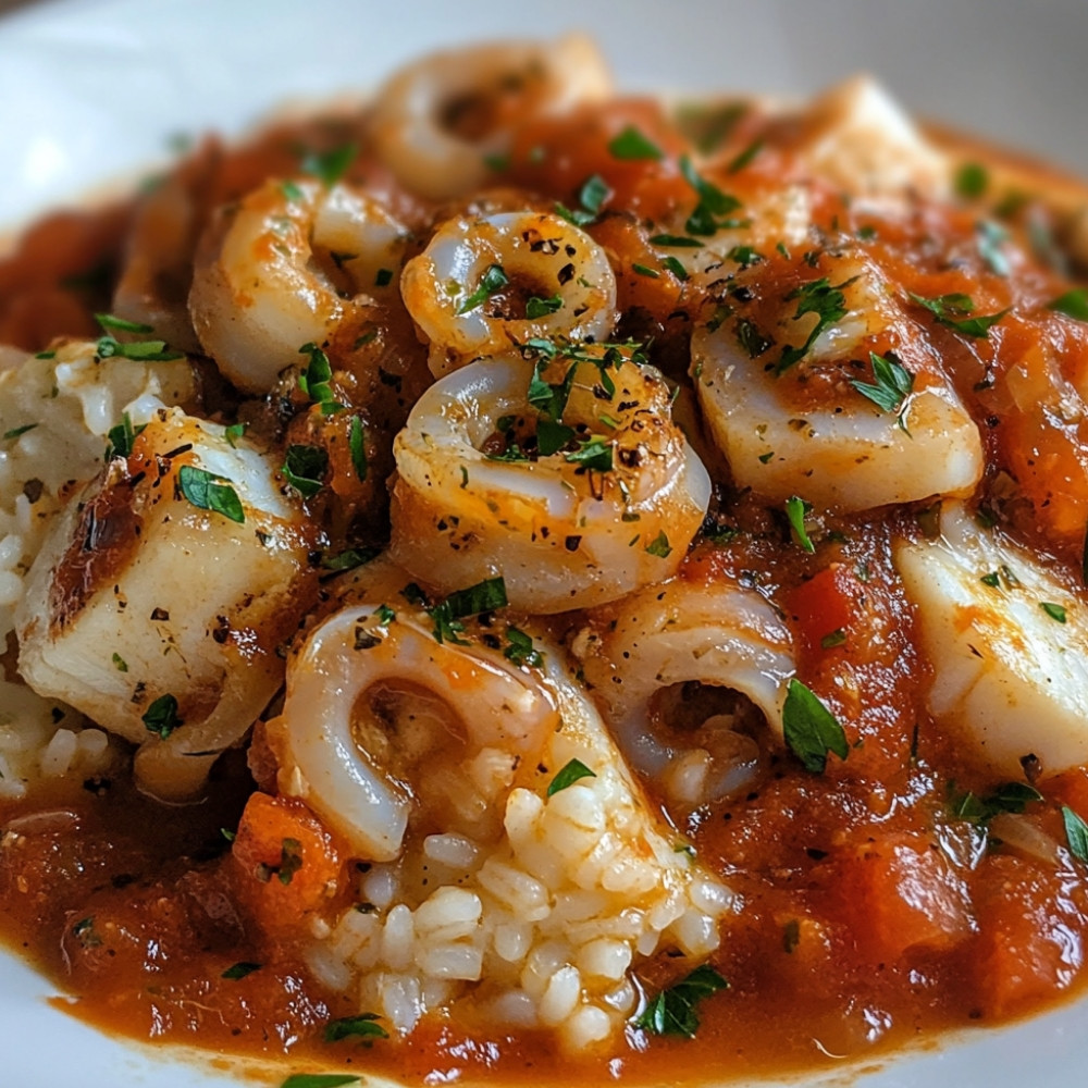 Encornets de poissons et riz à la sauce tomate