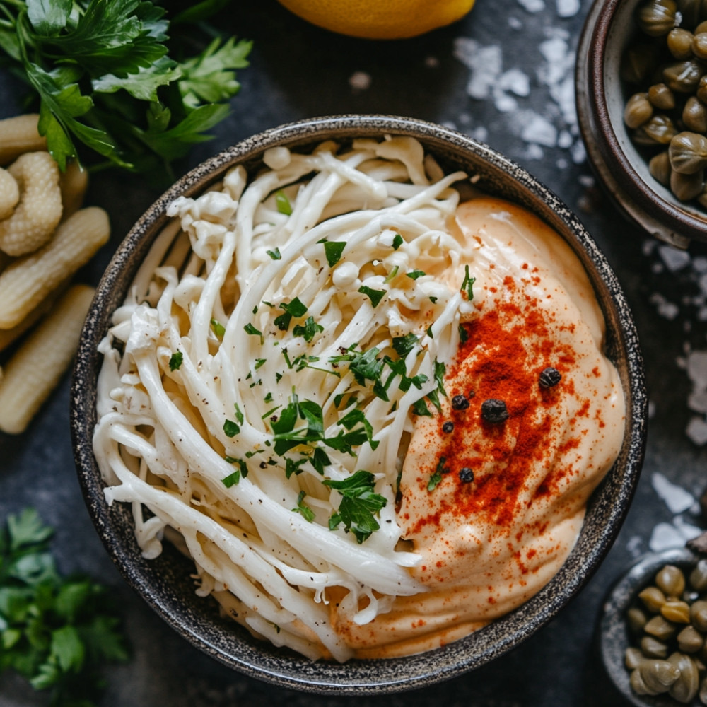 Enokis frits et rémoulade au paprika