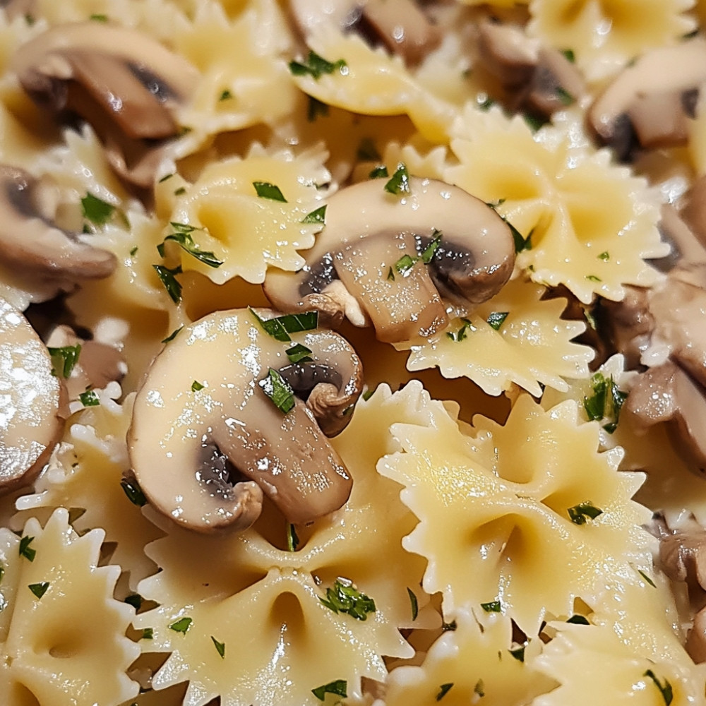 Farfalle aux champignons, crème et vin blanc