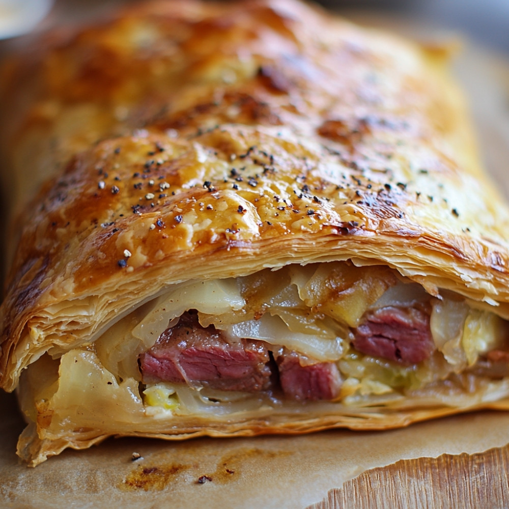 Feuilleté de bœuf, chou et lardons de porc salé