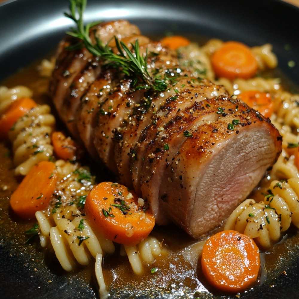 Filet de porc Hasselback aux carottes, pâtes et sauce moutarde