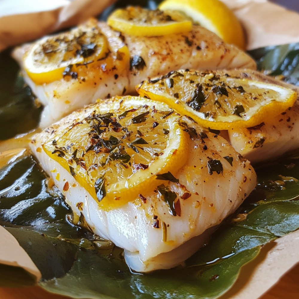 Filets de poisson sur feuilles de citronnier