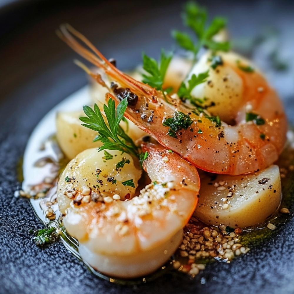 Gambas marinées au pastis, à l'ail et à l'huile d'olive