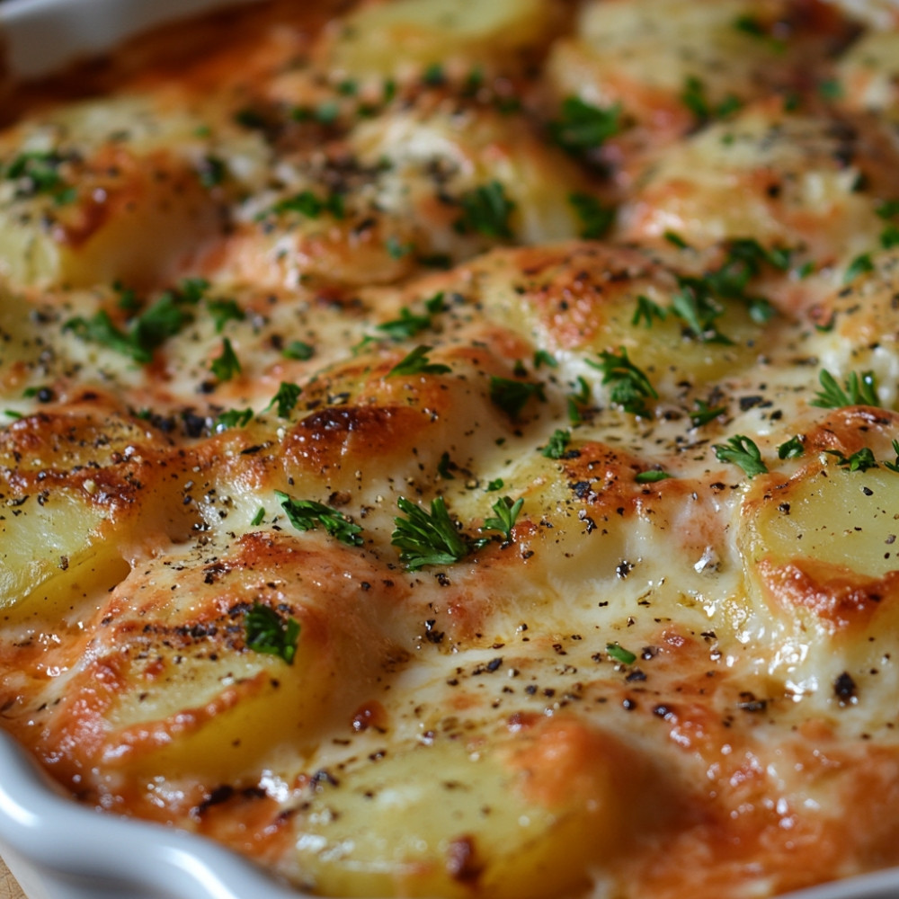 Gratin de poulet et pommes de terre à la sauce rosée