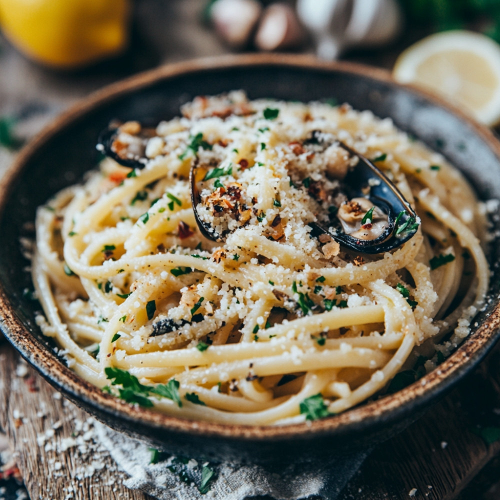 Linguine aux moules à l'ail et au persil