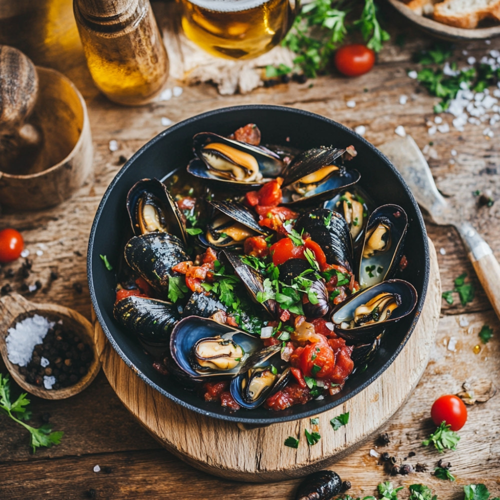 Moules à la bière blonde, tomates et chorizo