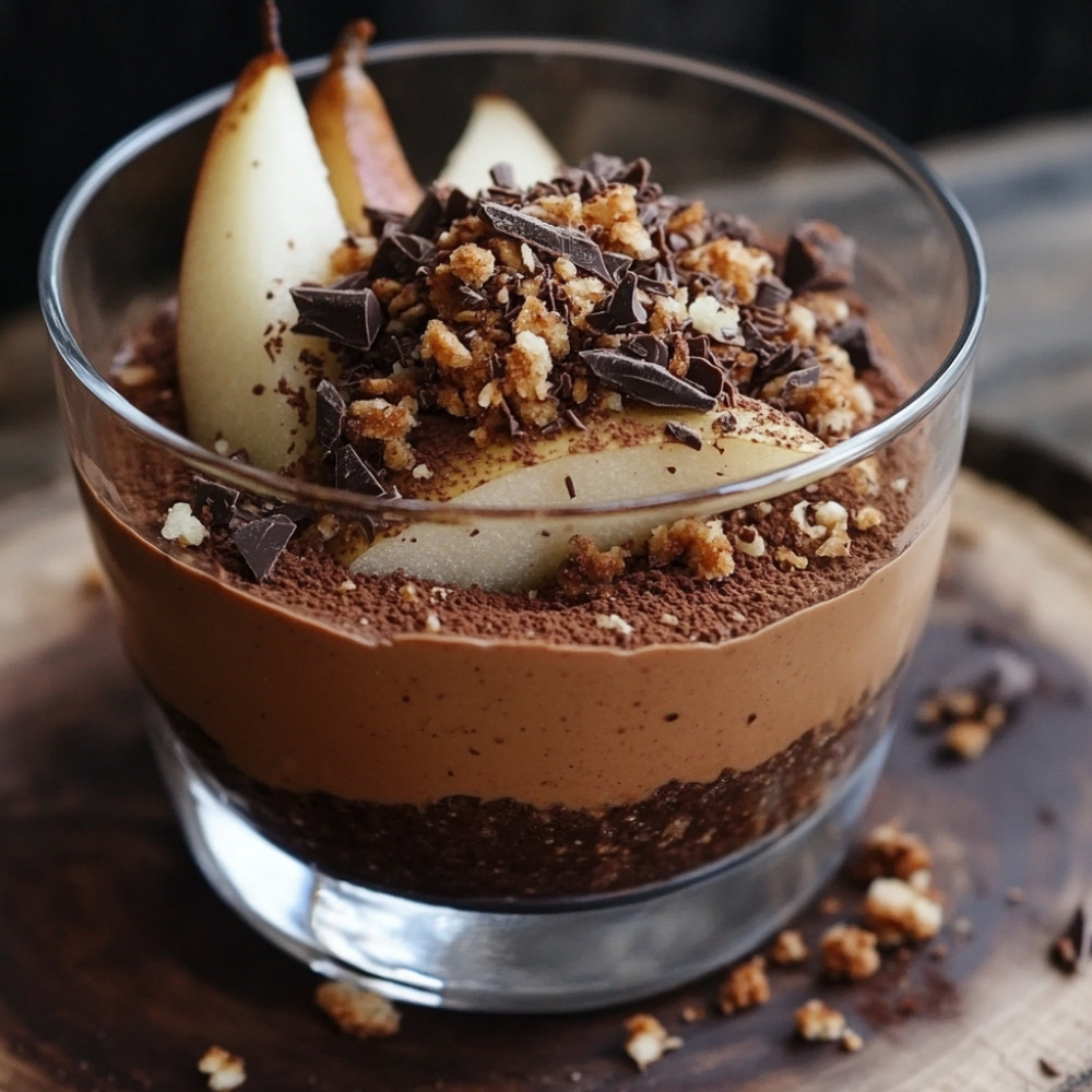 Mousse de panais au chocolat, poire et crumble au cacao