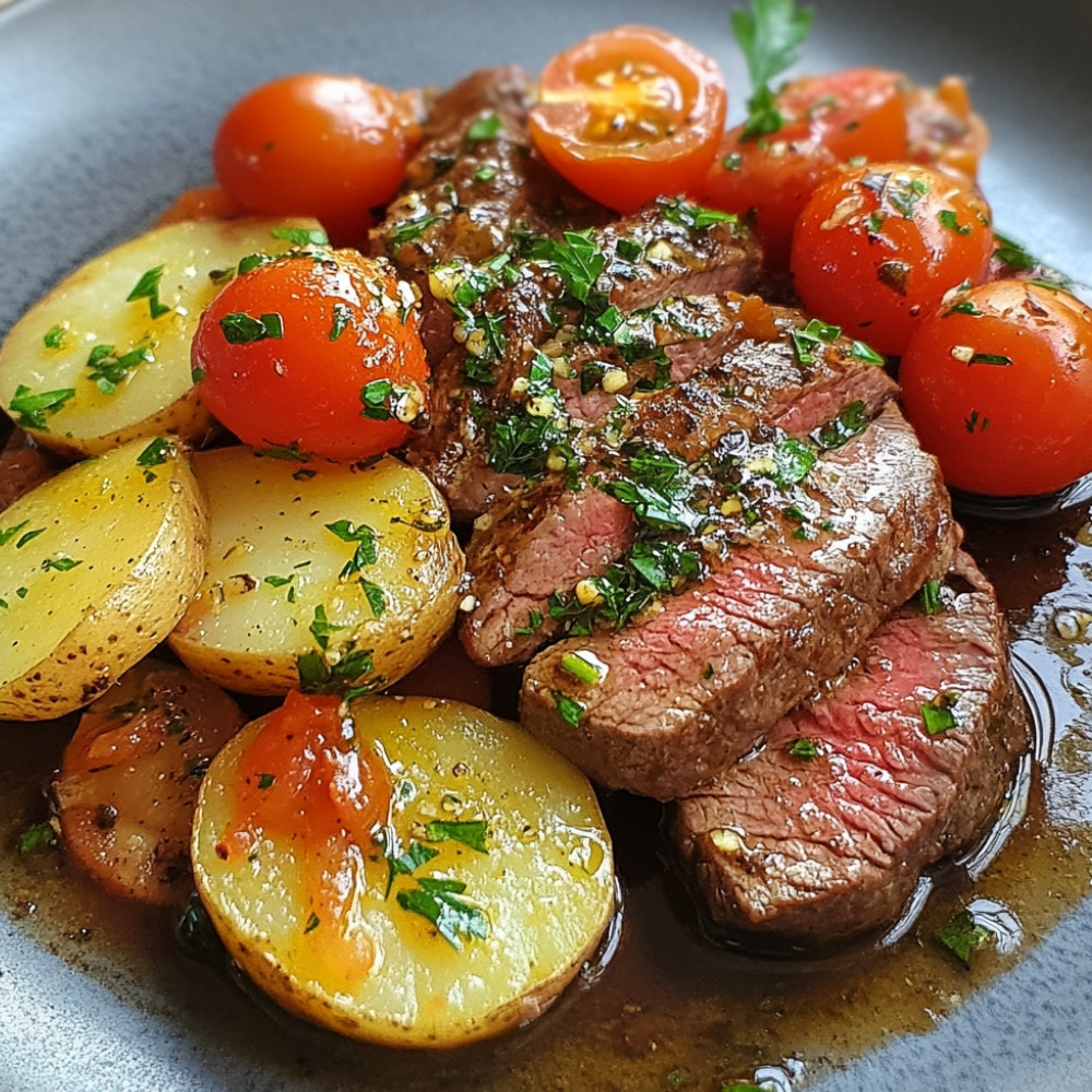 Onglet de boeuf poêlé au beurre, salade de pommes de terre et condiment de tomates