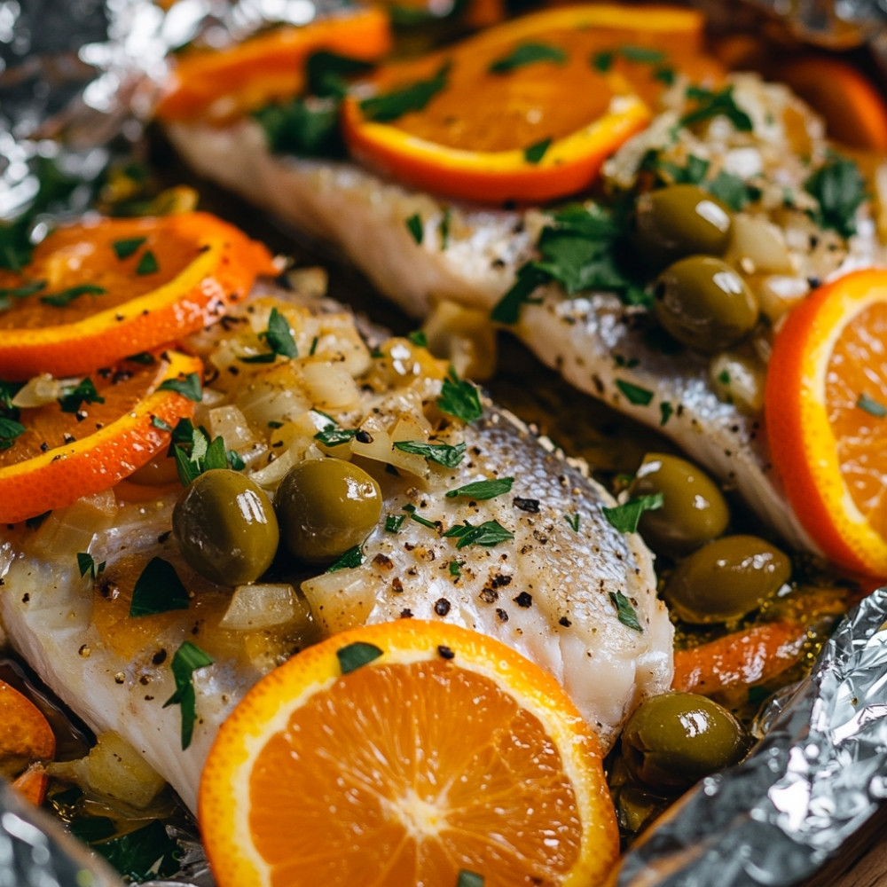 Papillote de poisson, petits légumes, oranges et olives