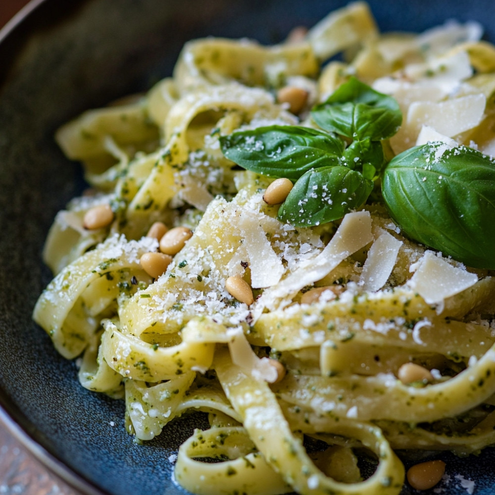 Pâtes au pesto maison basilic, pecorino, pignons de pin