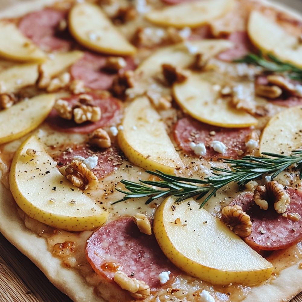 Pizza aux pommes, mortadelle, noix et fromage de chèvre